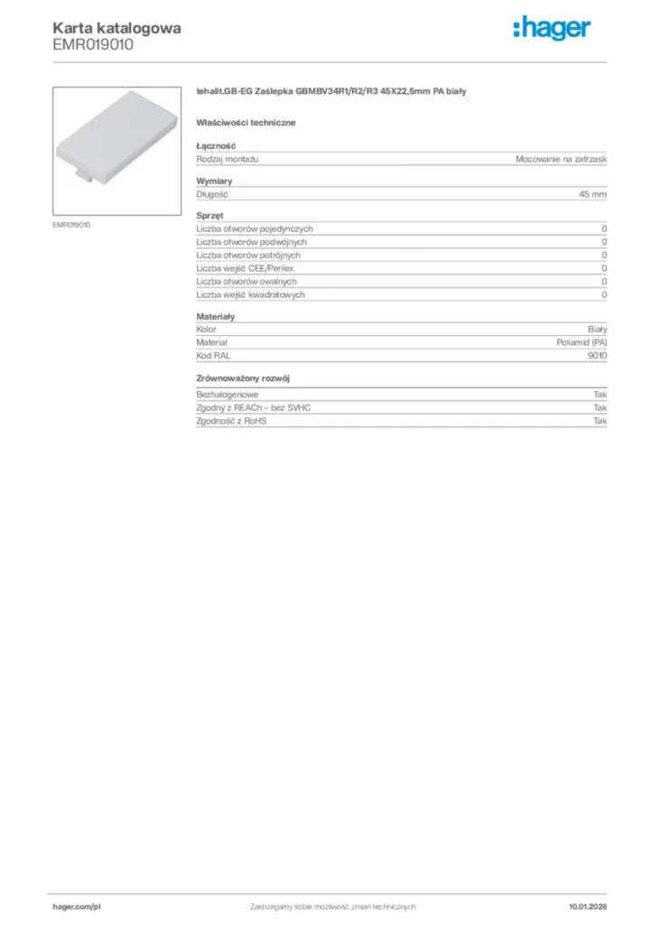 Zdjęcie Hager Karta katalogowa EMR019010 | Hager Polska