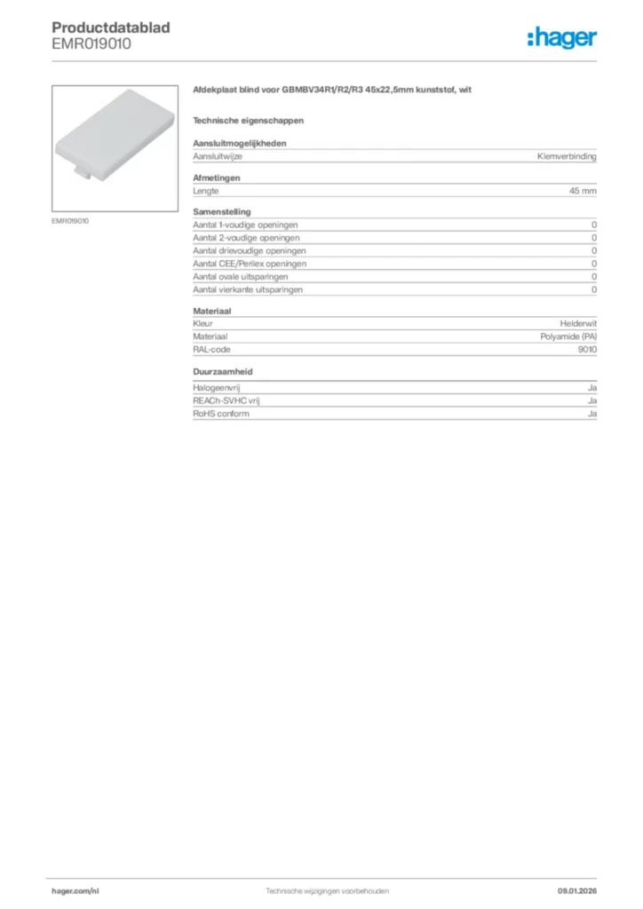 Afbeelding Hager Productdatablad EMR019010 | Hager Nederland