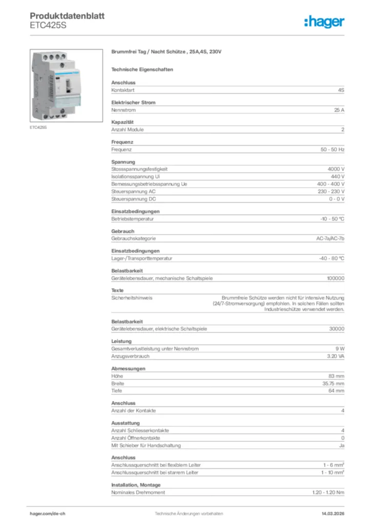 Bild Hager Produktdatenblatt ETC425S | Hager Schweiz