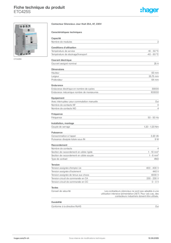 Image Hager Fiche technique du produit ETC425S | Hager Suisse