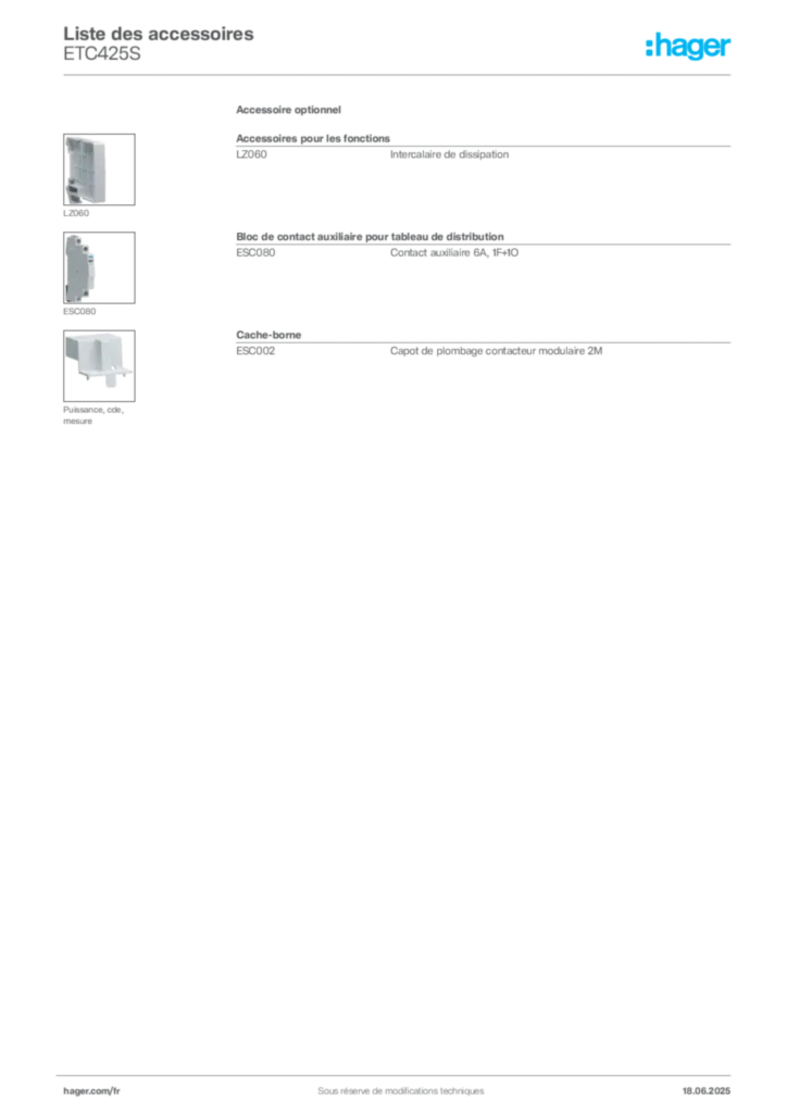 Image Hager Fiche technique du produit ETC425S | Hager France