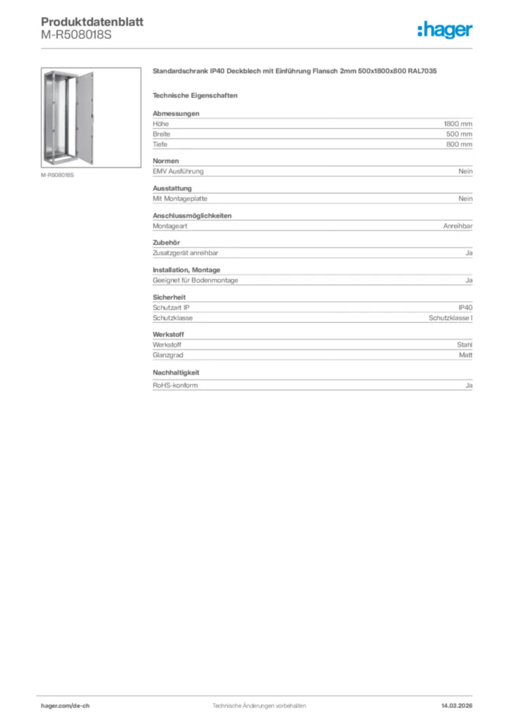 Bild Hager Produktdatenblatt M-R508018S | Hager Schweiz