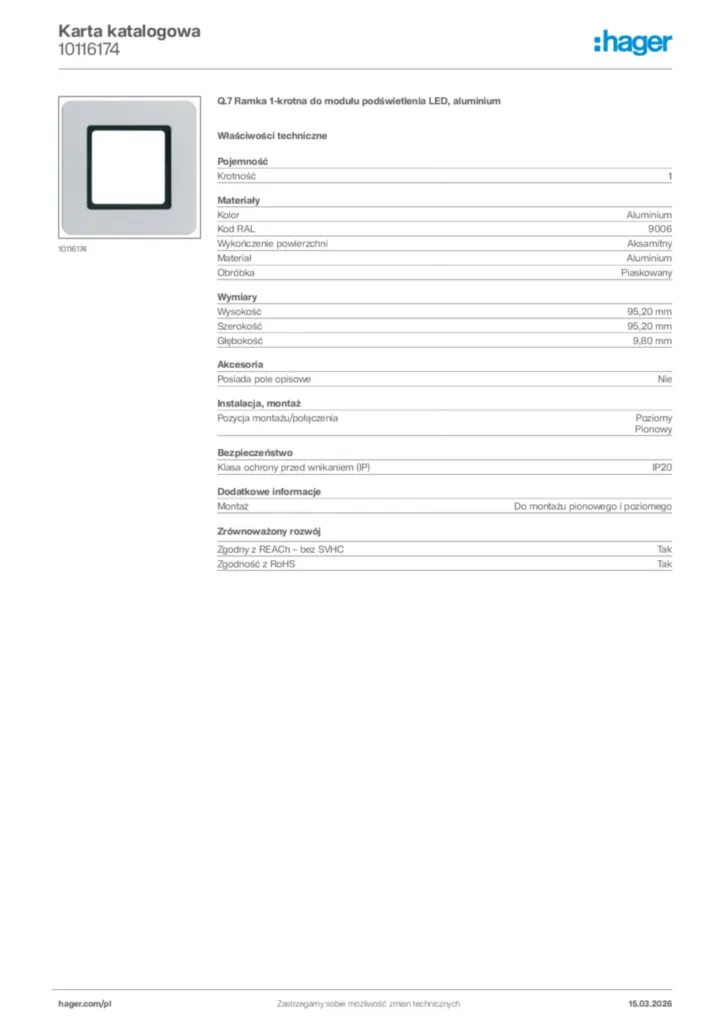 Zdjęcie Hager Karta katalogowa 10116174 | Hager Polska