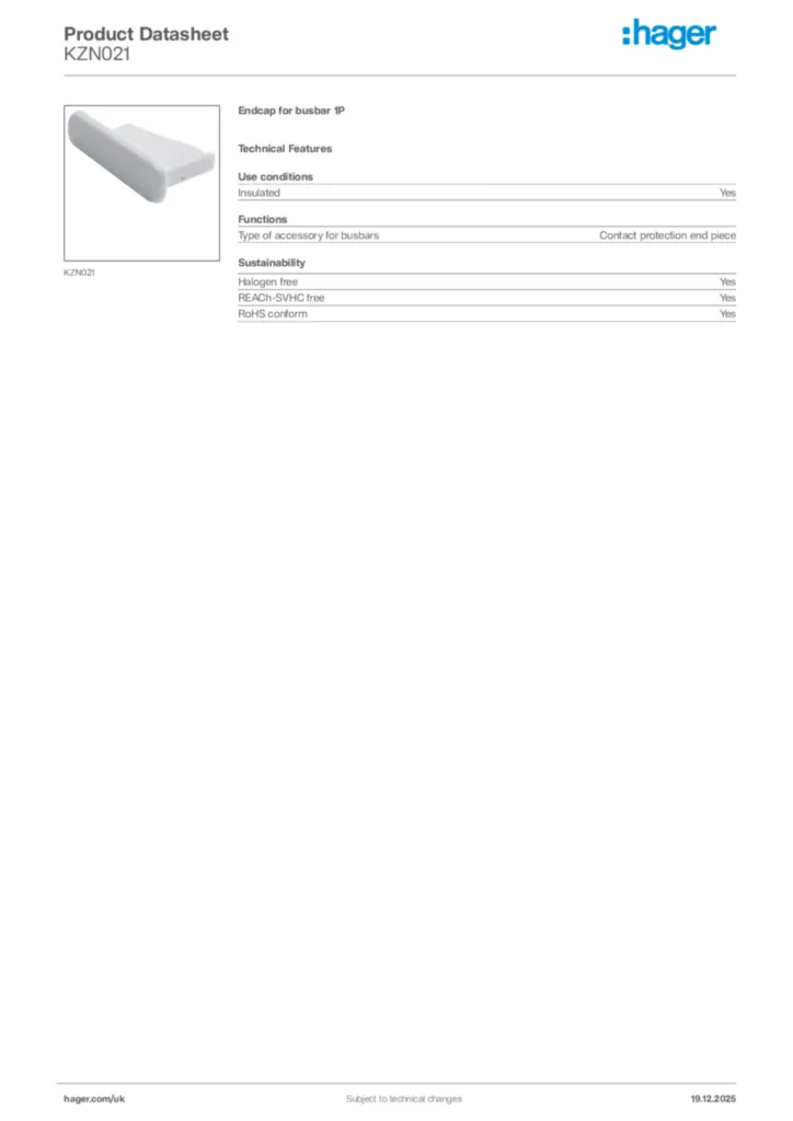 Image Hager Product data sheet KZN021  | Hager