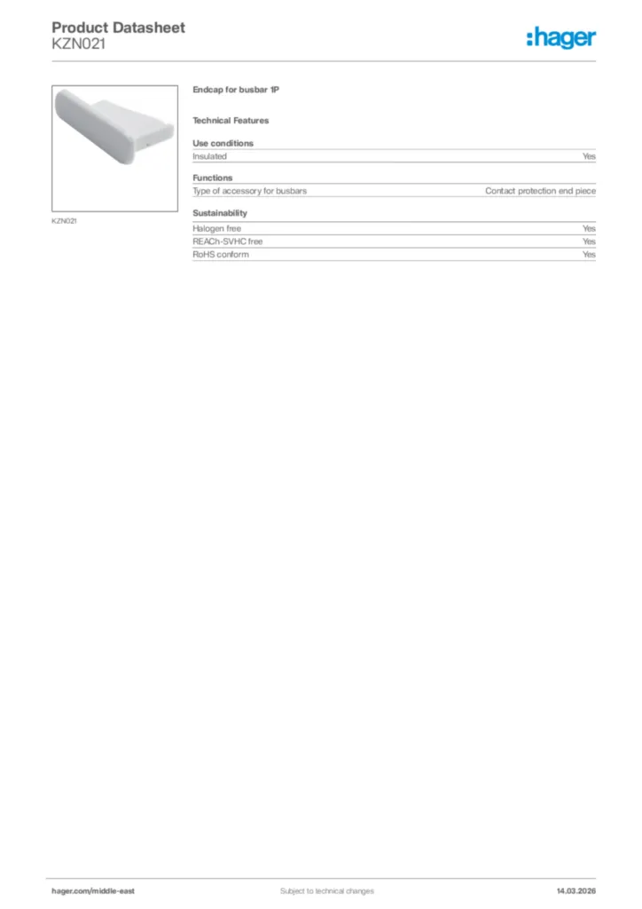 Image Hager Product data sheet KZN021  | Hager