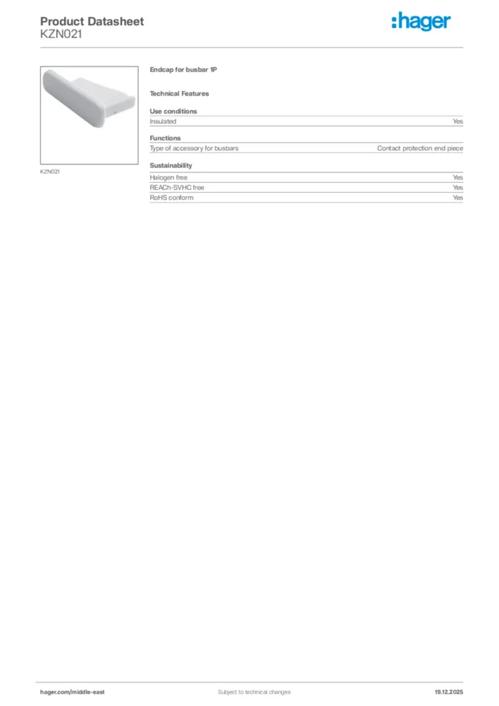 Image Hager Product data sheet KZN021  | Hager
