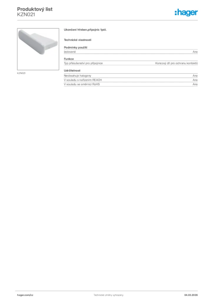 Obrázek Hager Product data sheet KZN021 | Hager