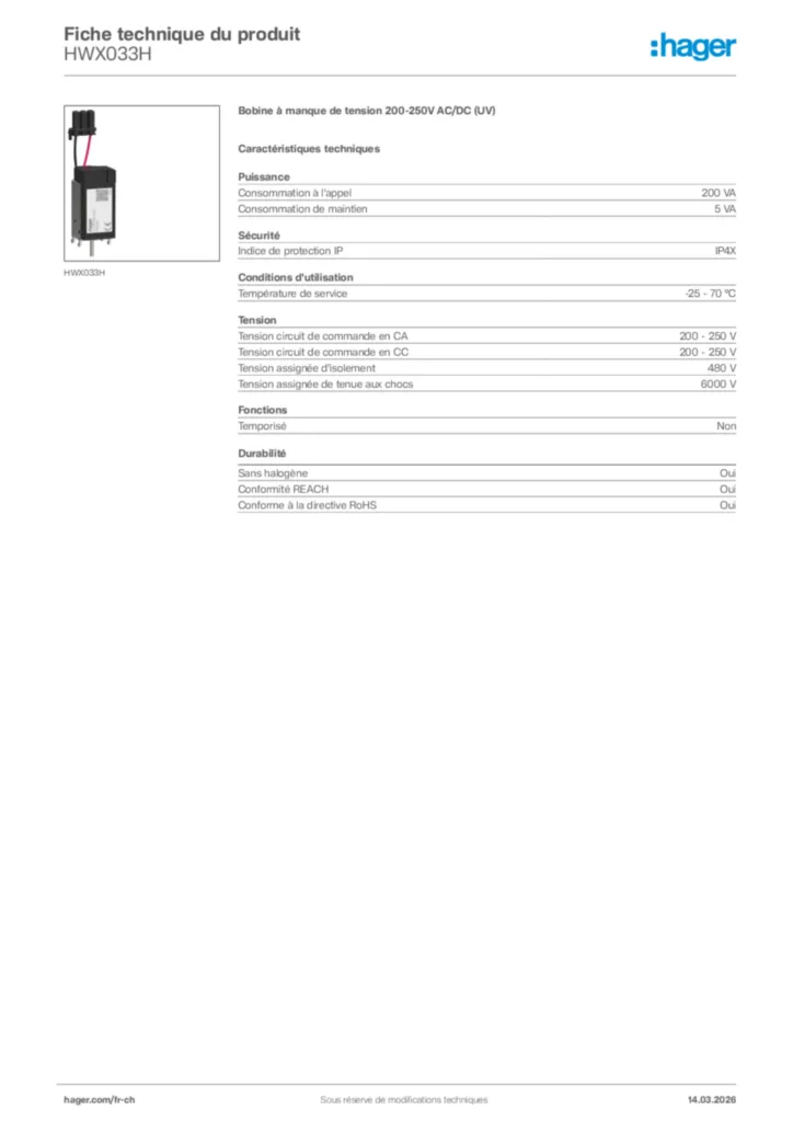 Image Hager Fiche technique du produit HWX033H | Hager Suisse