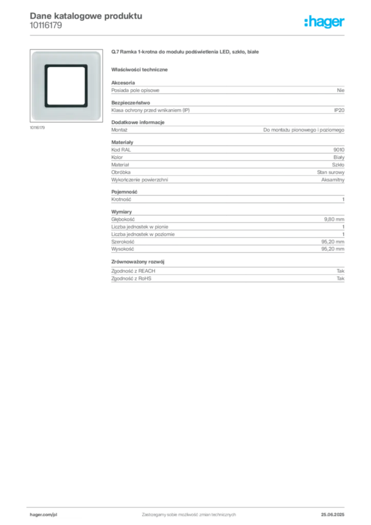 Zdjęcie Hager Karta katalogowa 10116179 | Hager Polska