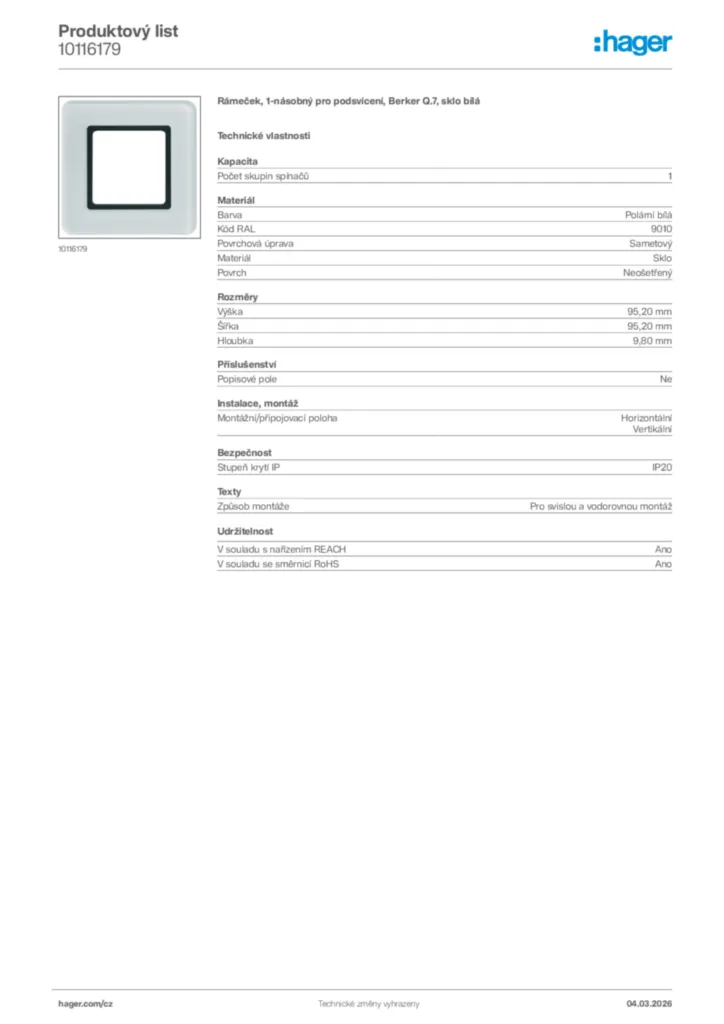 Obrázek Hager Product data sheet 10116179 | Hager