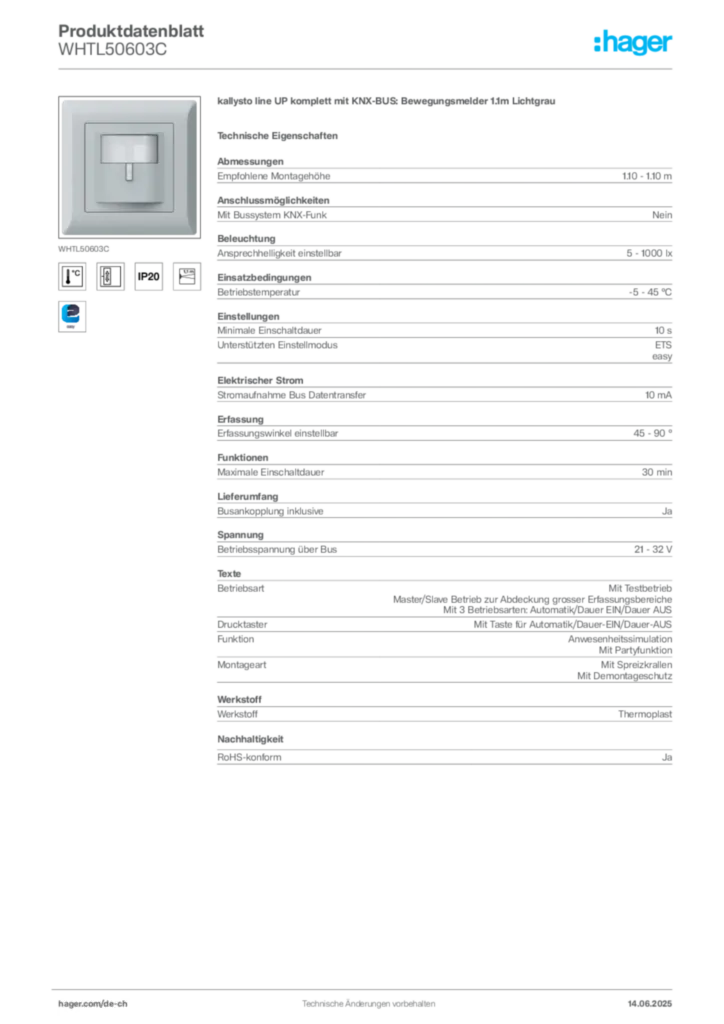 Bild Hager Produktdatenblatt WHTL50603C | Hager Schweiz