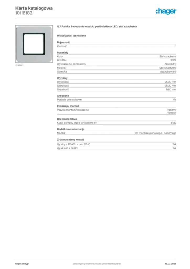 Zdjęcie Hager Karta katalogowa 10116183 | Hager Polska