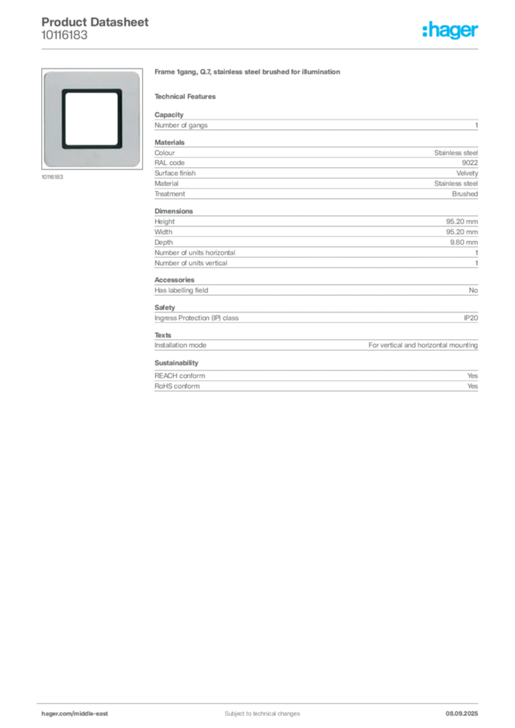 Image Hager Product data sheet 10116183  | Hager