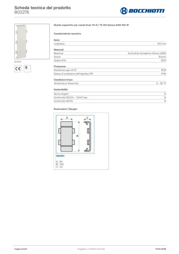 Immagine Bocchiotti Scheda tecnica del prodotto B02276 | Hager Italia