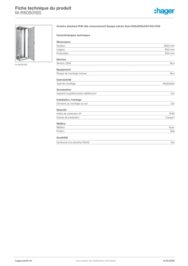 Image Hager Fiche technique du produit M-R605018S | Hager Suisse