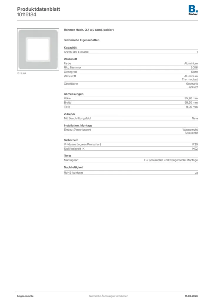 Bild Berker Produktdatenblatt 10116184 | Hager Deutschland