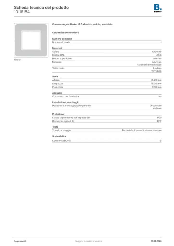 Immagine Berker Scheda tecnica del prodotto 10116184 | Hager Italia