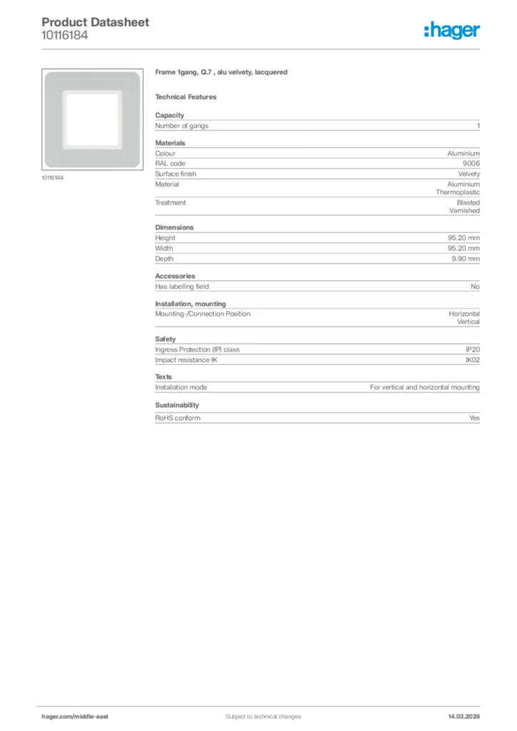 Image Hager Product data sheet 10116184  | Hager