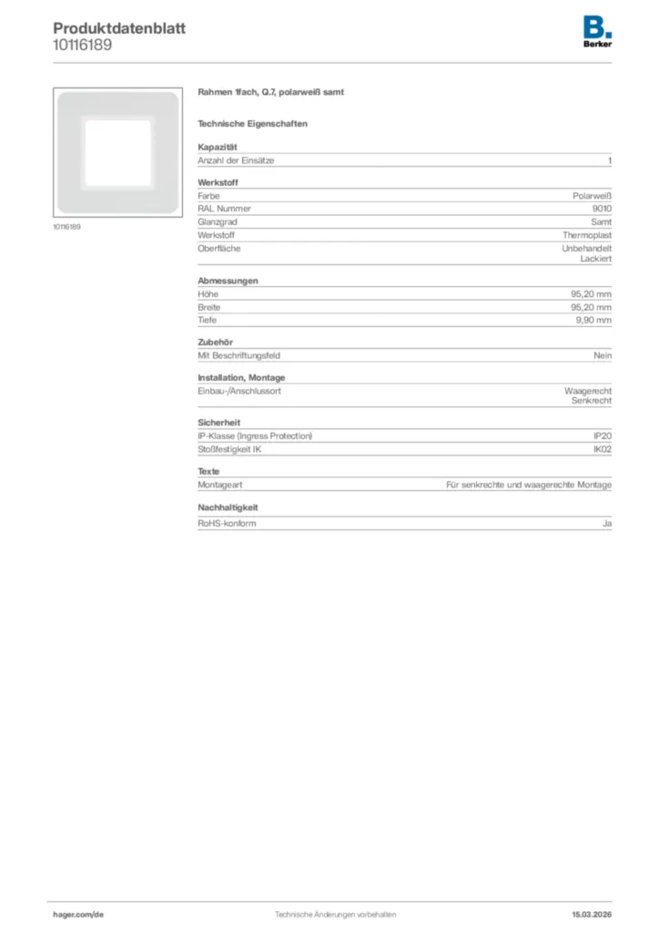 Bild Berker Produktdatenblatt 10116189 | Hager Deutschland