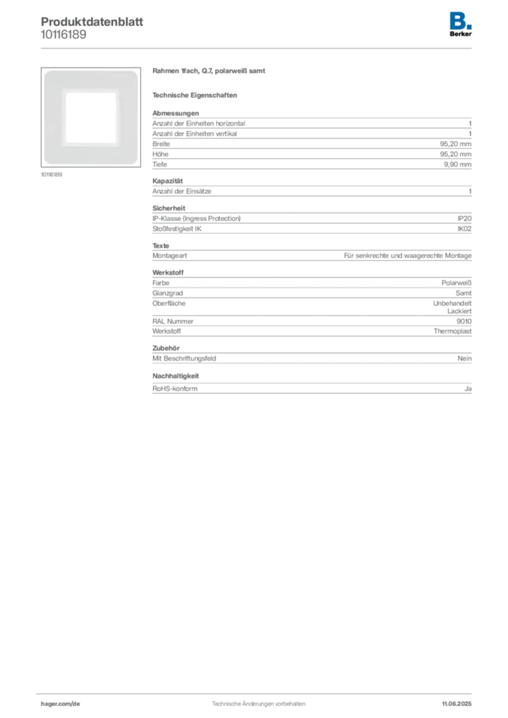 Bild Berker Produktdatenblatt 10116189 | Hager Deutschland