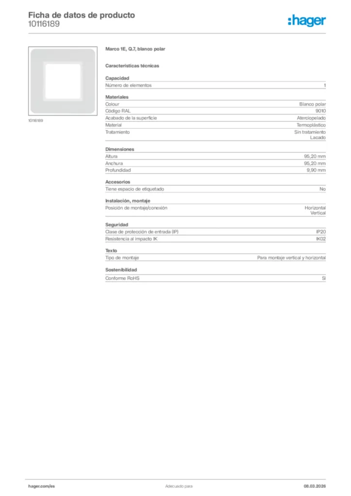 Imagen Hager Ficha de datos de producto 10116189 | Hager España