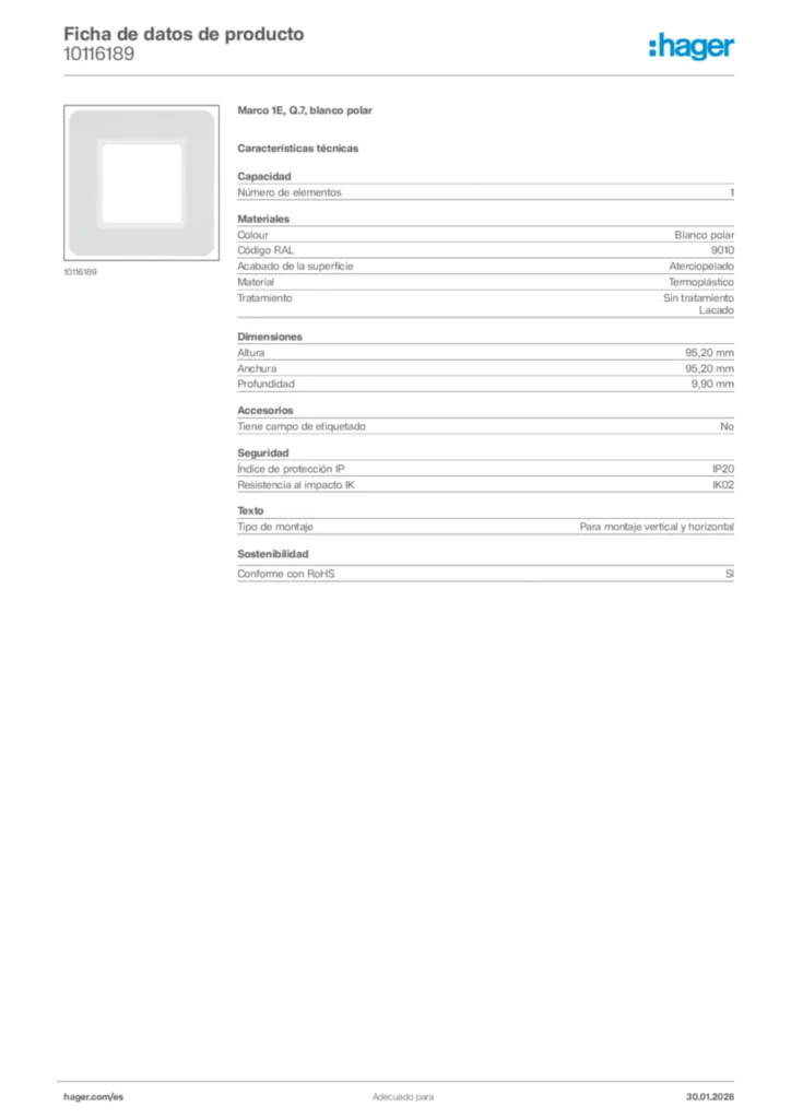 Imagen Hager Ficha de datos de producto 10116189 | Hager España