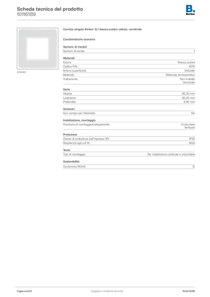 Immagine Berker Scheda tecnica del prodotto 10116189 | Hager Italia