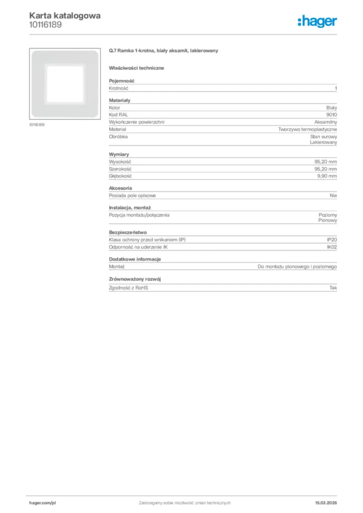 Zdjęcie Hager Karta katalogowa 10116189 | Hager Polska