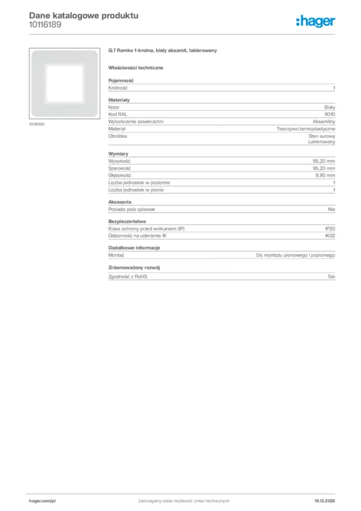 Zdjęcie Hager Karta katalogowa 10116189 | Hager Polska