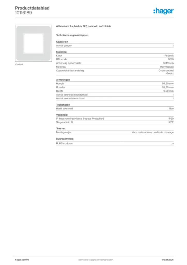 Afbeelding Hager Productdatablad 10116189 | Hager Nederland
