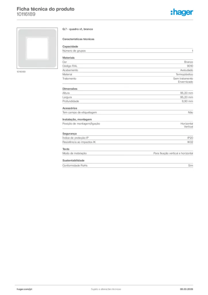 Imagem Hager Ficha técnica do produto 10116189 | Hager Portugal