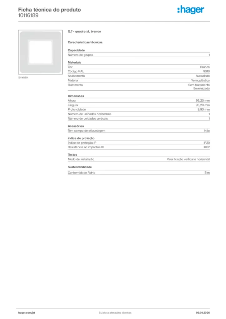 Imagem Hager Ficha técnica do produto 10116189 | Hager Portugal