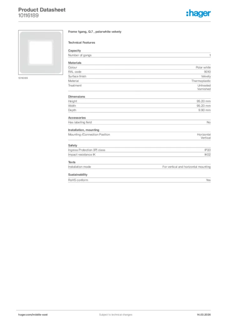 Image Hager Product data sheet 10116189  | Hager