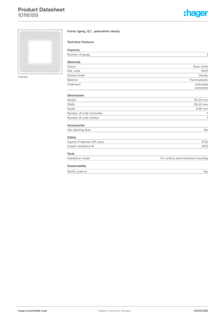Image Hager Product data sheet 10116189  | Hager