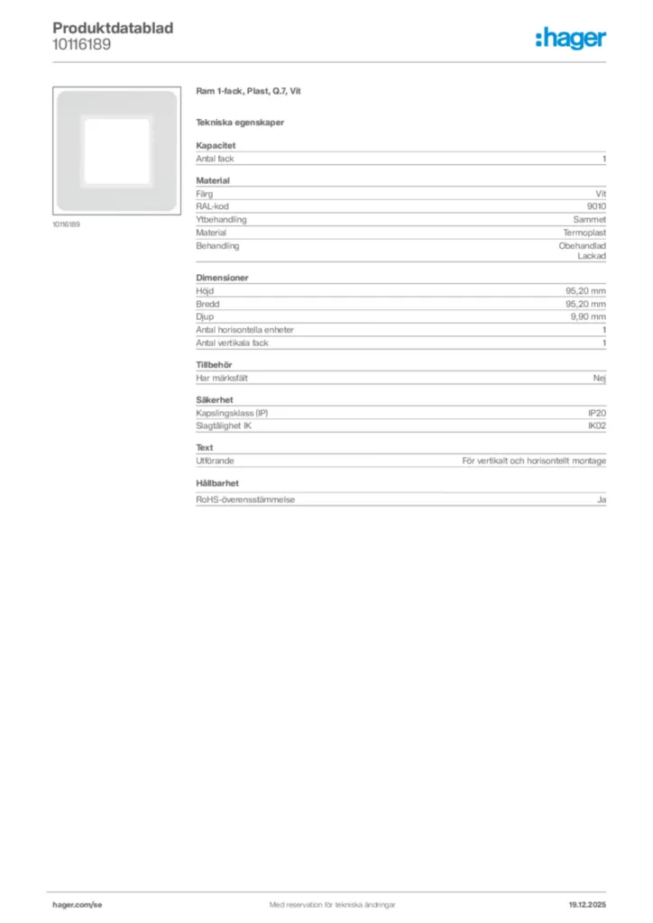 Bild Hager Produktdatablad 10116189 | Hager Sverige