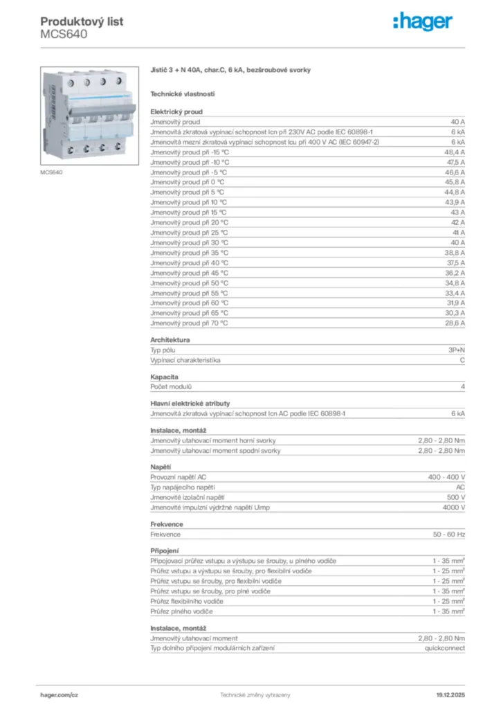 Obrázek Hager Produktový list MCS640 | Hager