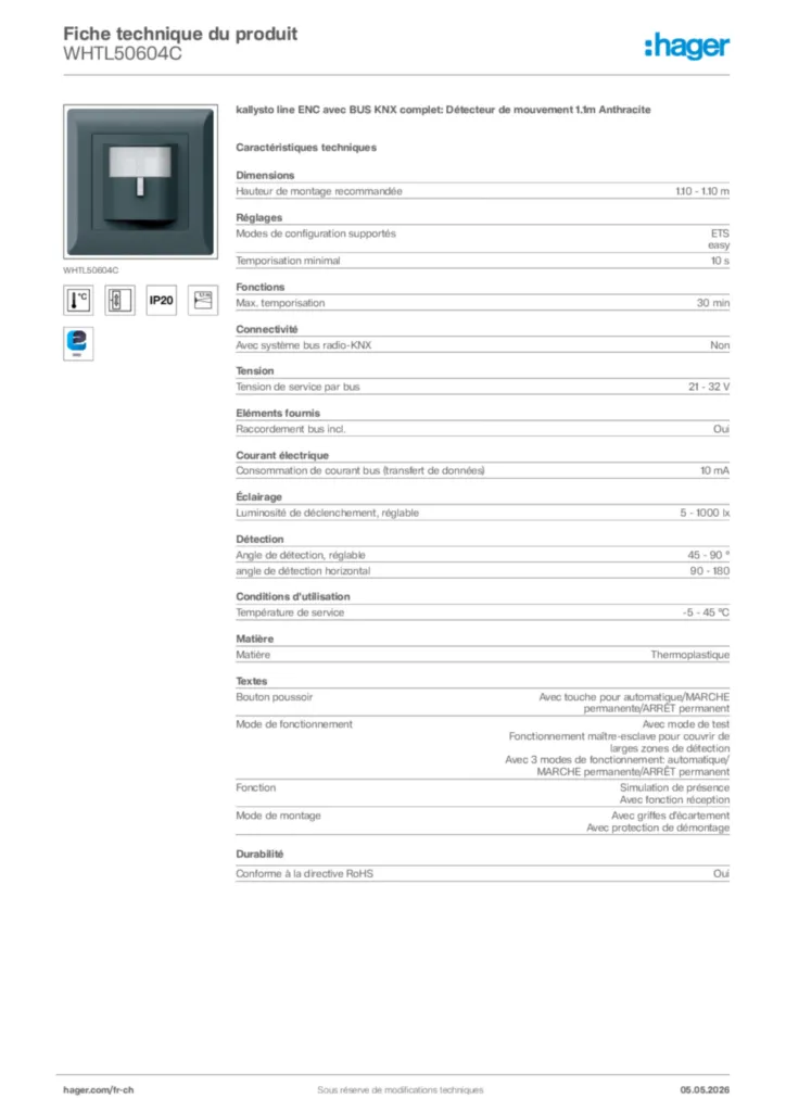 Image Hager Fiche technique du produit WHTL50604C | Hager Suisse