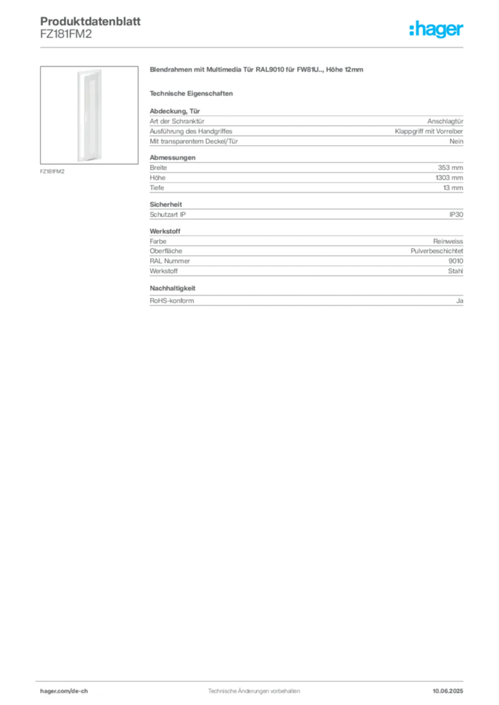Bild Hager Produktdatenblatt FZ181FM2 | Hager Schweiz