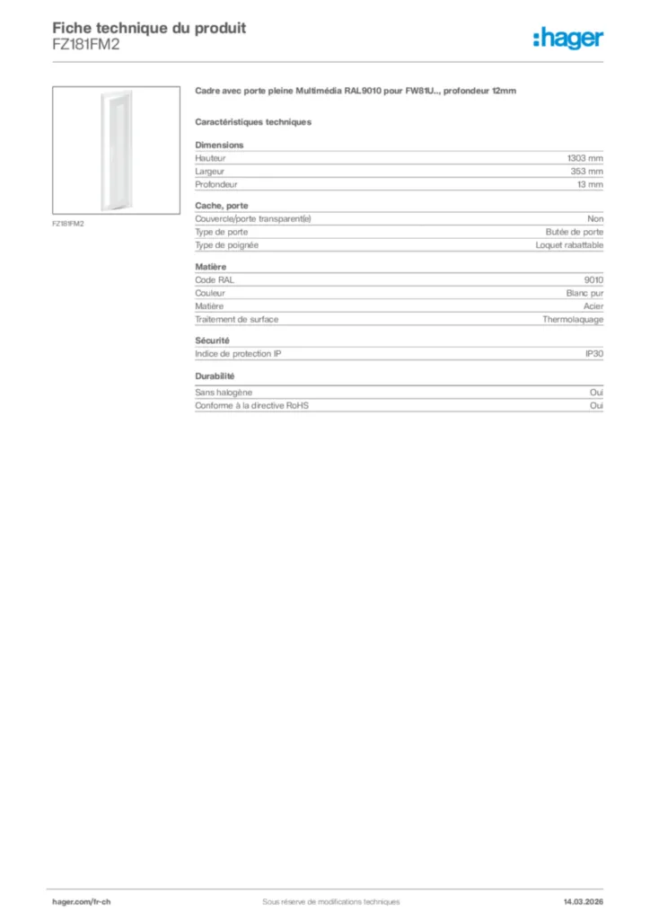 Image Hager Fiche technique du produit FZ181FM2 | Hager Suisse