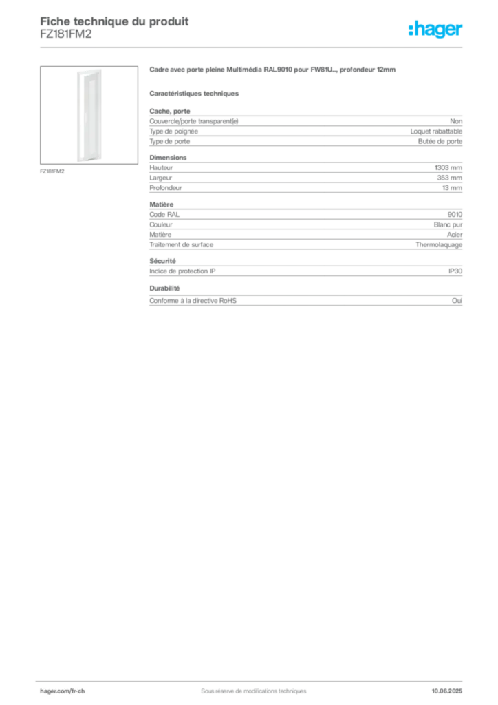Image Hager Fiche technique du produit FZ181FM2 | Hager Suisse
