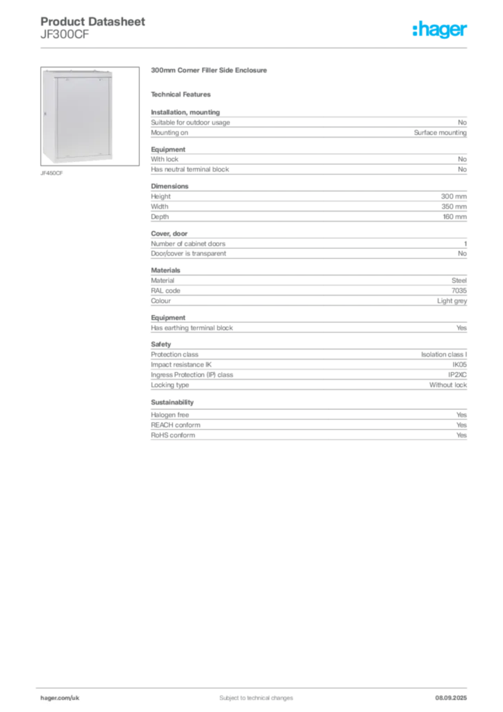 Image Hager Product data sheet JF300CF  | Hager