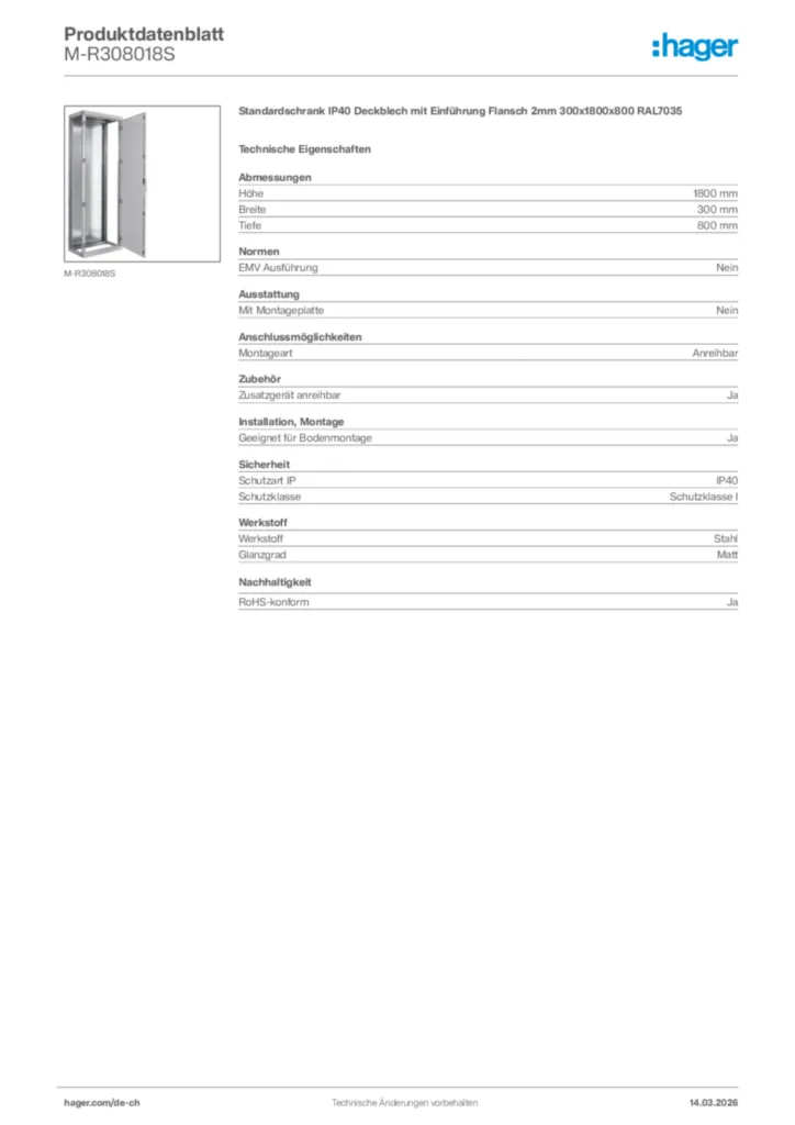 Bild Hager Produktdatenblatt M-R308018S | Hager Schweiz