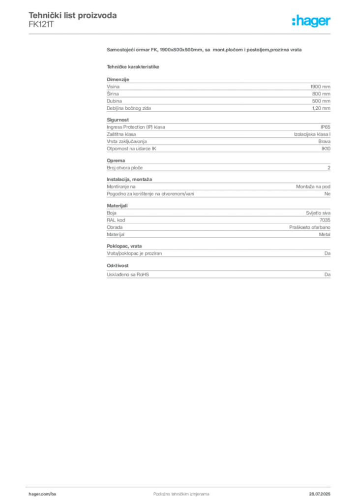 Slika Hager Product data sheet FK121T  | Hager