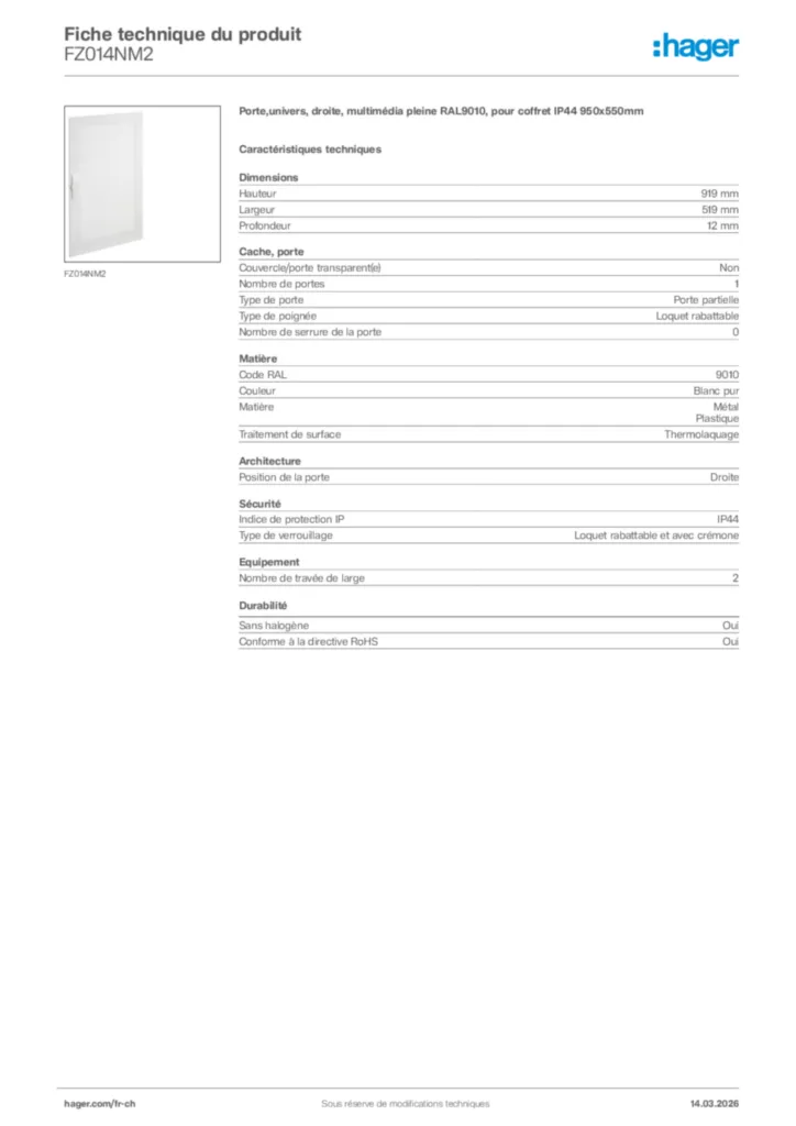 Image Hager Fiche technique du produit FZ014NM2 | Hager Suisse