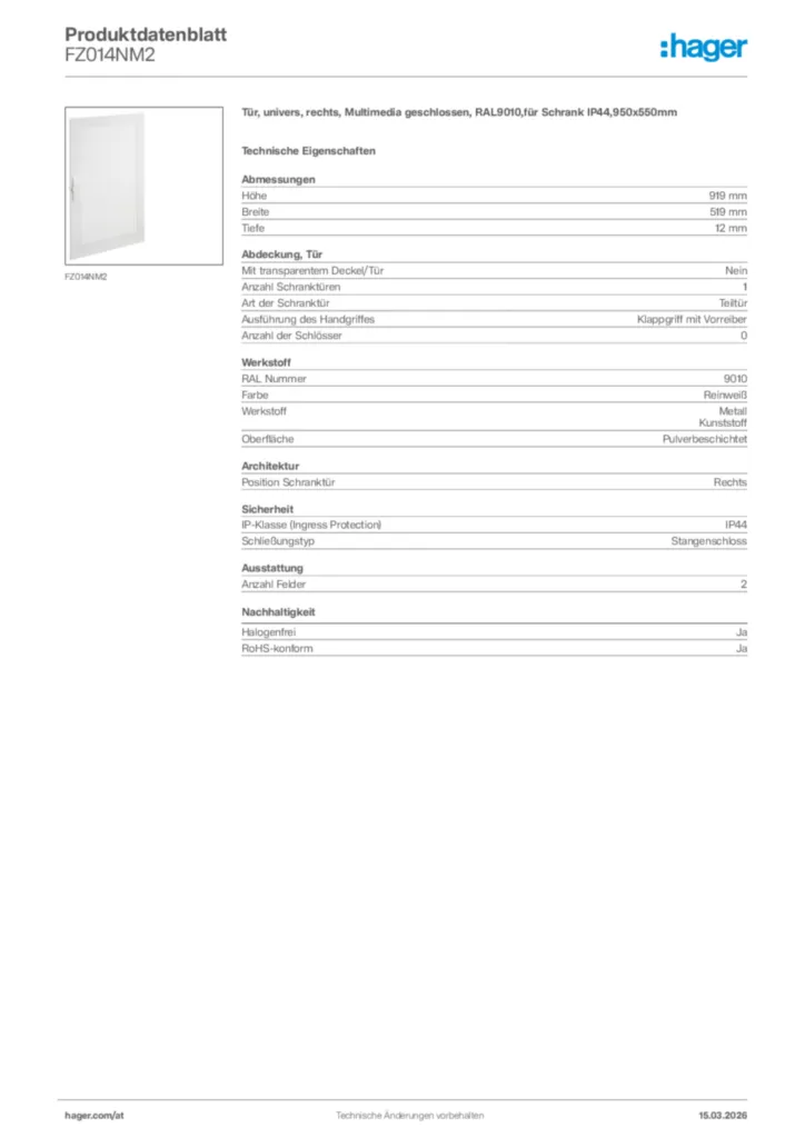 Bild Hager Produktdatenblatt FZ014NM2 | Hager Deutschland