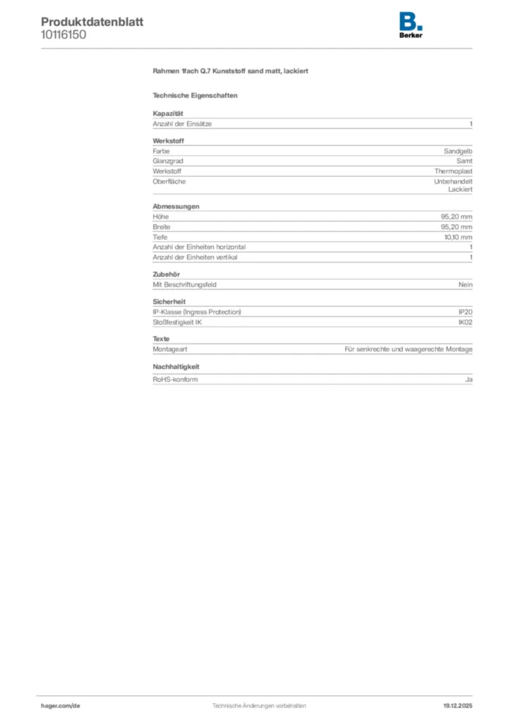 Bild Berker Produktdatenblatt 10116150 | Hager Deutschland