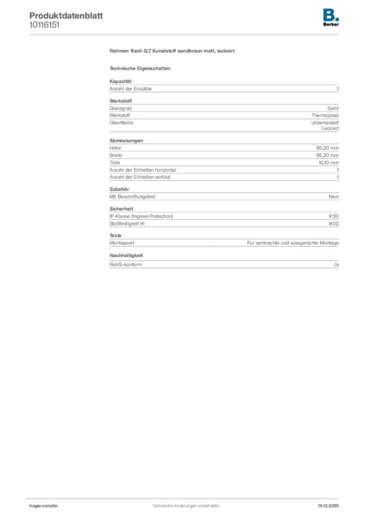Bild Berker Produktdatenblatt 10116151 | Hager Deutschland