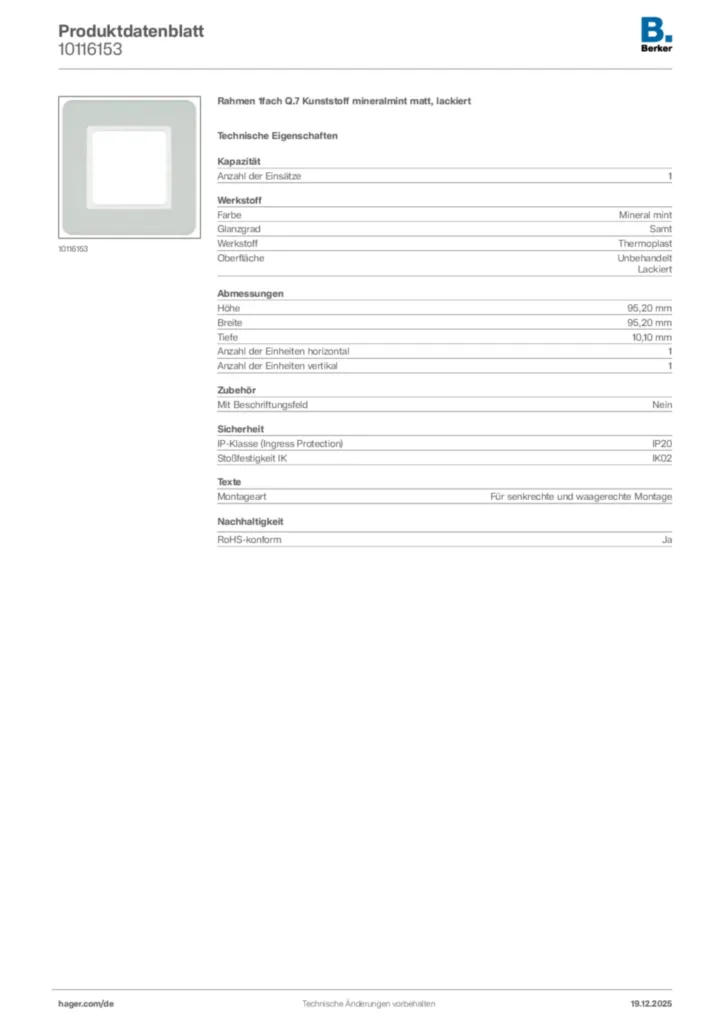 Bild Berker Produktdatenblatt 10116153 | Hager Deutschland