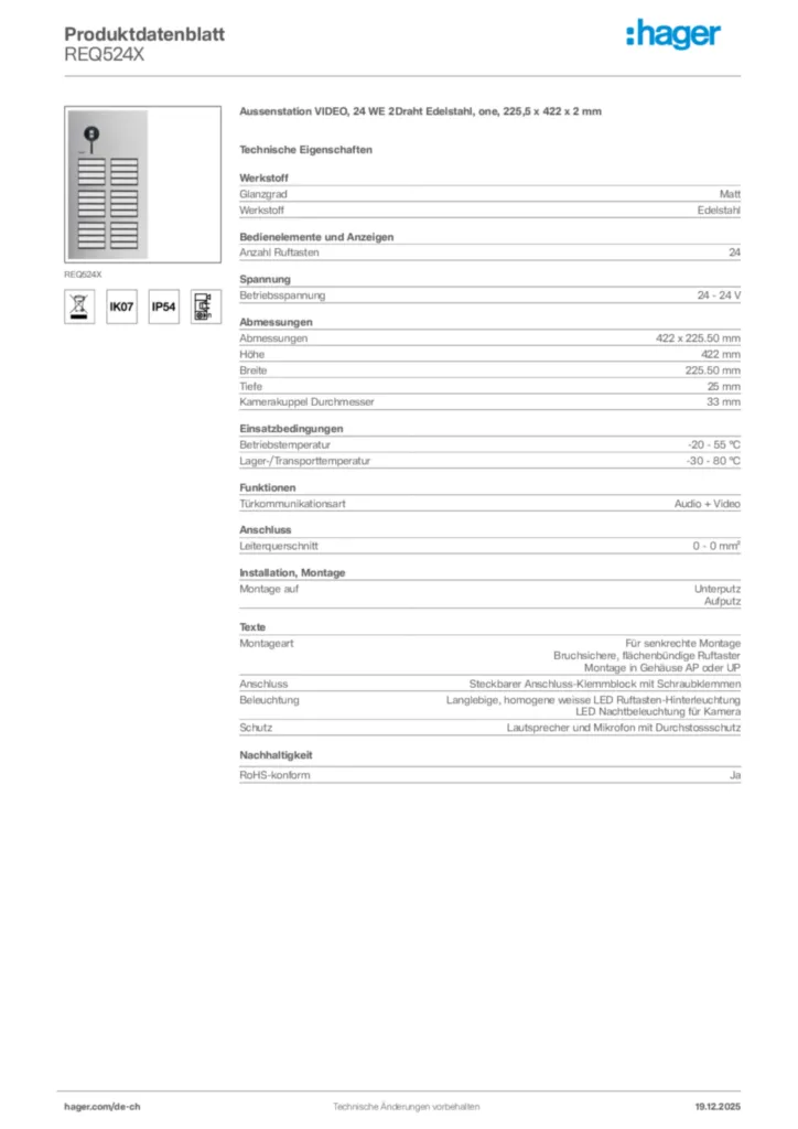 Bild Hager Produktdatenblatt REQ524X | Hager Schweiz