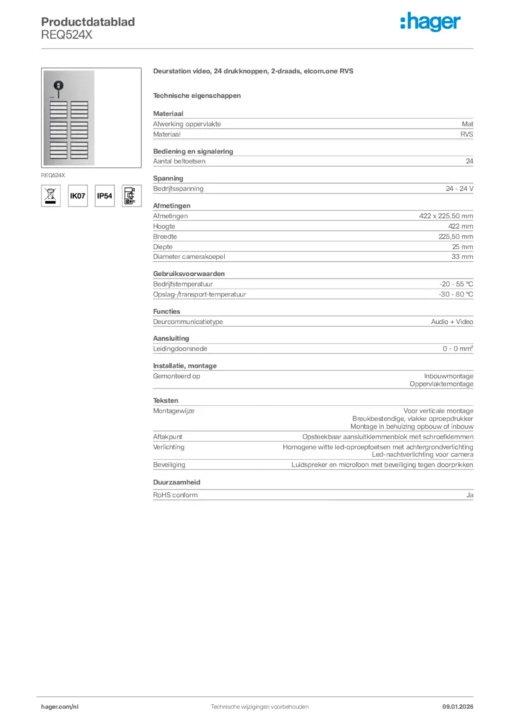 Afbeelding Hager Productdatablad REQ524X | Hager Nederland